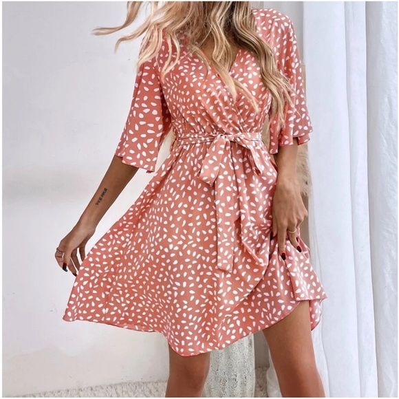 Boho coral Leopard Print Butterfly Sleeve Mini Dress - Picture 9 of 11